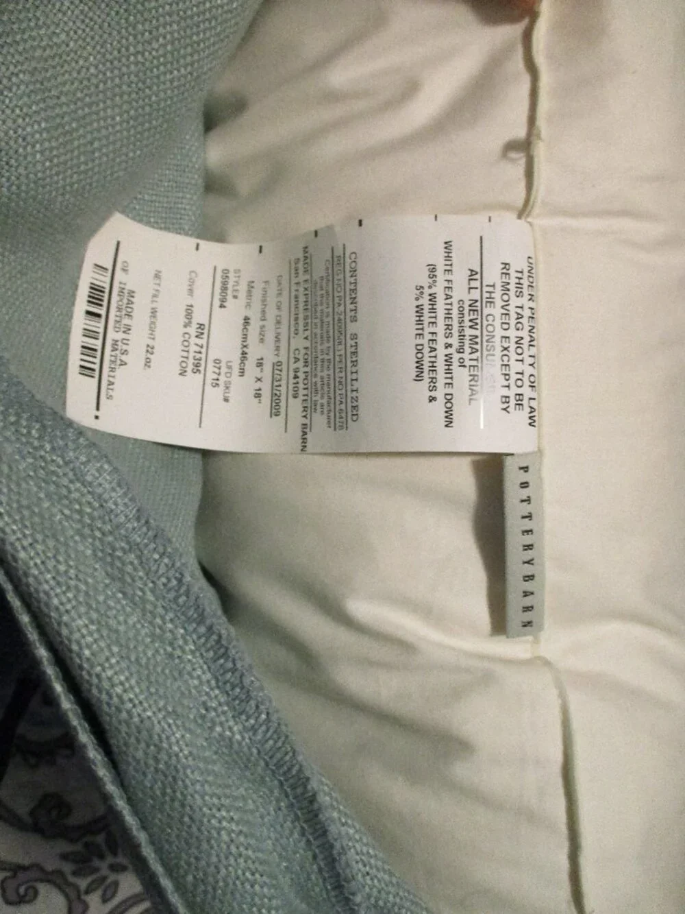 1 Pottery Barn Seafoam Linen Button Front Throw Pillow Cover